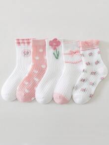 5双装女童可爱粉色碎花透气网眼中筒袜，春夏款 - 彩色 - 查看 2