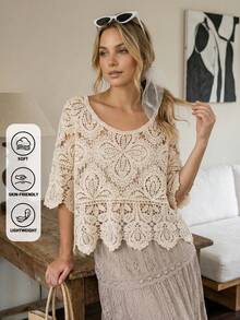 Áo kiểu ren khoét lỗ phong cách Bohemian mùa hè dành cho nữ | Áo sơ mi tay ngắn dáng rộng phù hợp cho kỳ nghỉ, lễ hội, khu nghỉ dưỡng và các lễ hội âm nhạc. - Màu be - Xem 2