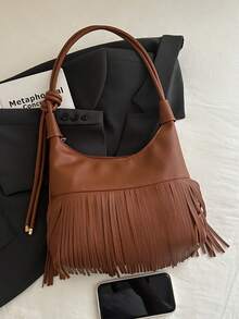 新款复古流苏手提包，时尚简约休闲大容量斜挎单肩包 - 棕色 - 查看 9