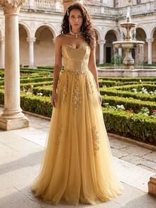 Váy phù dâu dài toàn thân bằng lưới thắt eo màu vàng sang trọng - Vàng - Xem 8