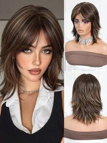 12 Inch Deep Brown Highlight Layered Short Wavy Wig, Textured Women's Wig, Deep Brown Hair, Short Wig, Layered Wig, Everyday Wig, Office Wig, Street Wig, Date Wig, Women's Hair, Suitable For Teenage Girls And Young Adults - Màu nâu highlight - Xem 2