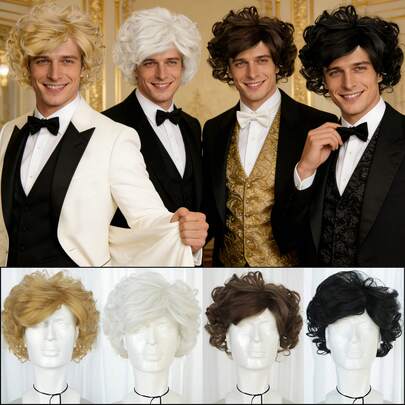 Men's Short Curly Wig Natural Fluffy Synthetic Hair Wig For Daily Wear Cosplay Event Party Costume - Black Brown Blonde White 4 Colors Available - Heat Resistant Fiber Lightweight Easy To Style - Perfect For 70s Disco Rock Star Vintage Look - Premium Wavy Hair Replacement Wig For Male Fashion