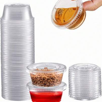 Bộ 1/10/30/50 cốc chia phần có nắp, thích hợp cho việc chuẩn bị bữa ăn, kiểm soát khẩu phần, đựng nước sốt salad, cốc đựng thạch 60ml và thuốc, hộp nhựa nhỏ có nắp, dùng cho tiệc Giáng sinh, trang trí Giáng sinh, quà tặng và đồ trang trí Giáng sinh.