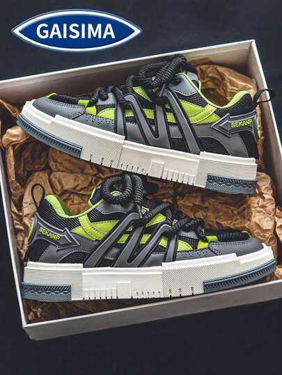 GAISIMA 男士几何条纹装饰厚底滑板鞋，休闲嘻哈街头风运动鞋，四季皆宜，适合街头服饰和日常穿着