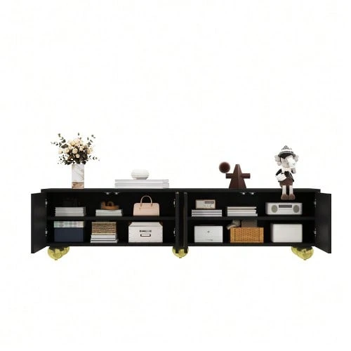 TV Stand, Low Model With Textured Doors, Gold Decorations, Round Gold Legs, Includes Shelves And Push-To-Open Mechanism. - 黑色 - 查看 1