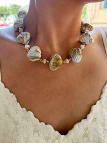 1件海洋度假风多贝壳不对称条纹串珠项链，18K金防水时尚百搭女士项链 - 海貝項鍊 - 查看 10