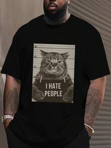 Męska koszulka z nadrukiem "Nienawidzę ludzi" – czarna, luźna koszulka z krótkim rękawem i okrągłym dekoltem, z zabawnym nadrukiem przedstawiającym kota, oddychająca, letnia, zmywalna tkanina, duży rozmiar, must-have dla entuzjastów mody, wiosenny strój, bawełniana koszulka, koszulka, koszulka męska - Czarne - Zobacz 1