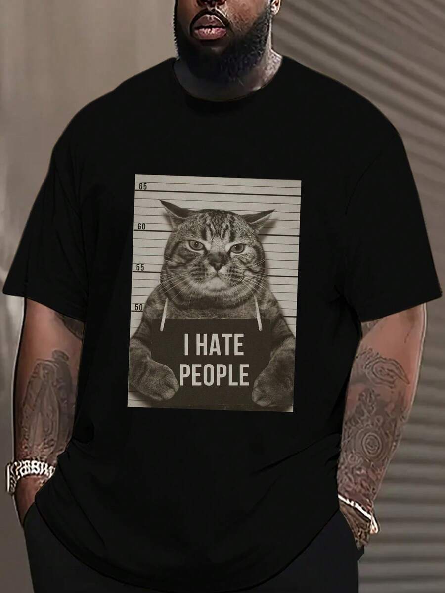 Męska koszulka z nadrukiem "Nienawidzę ludzi" – czarna, luźna koszulka z krótkim rękawem i okrągłym dekoltem, z zabawnym nadrukiem przedstawiającym kota, oddychająca, letnia, zmywalna tkanina, duży rozmiar, must-have dla entuzjastów mody, wiosenny strój, bawełniana koszulka, koszulka, koszulka męska - Czarne - Zobacz 1