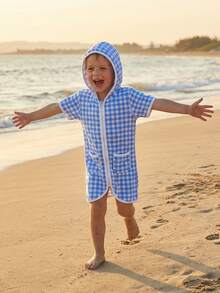 Girls Boys Gingham Hooded Terry Coverups Kid One Piece Swimsuits Summer Zip Up Short Sleeve Ruffle Swim Cover Up Beachwear - 藍色 - 查看 2