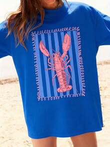 Graphic Women T‑Shirts,Women'S Pink Lobster And Blue Striped T-Shirt | White Casual Summer Beach Wear, Vertical Stripes And Wave Print, Pink Lobster Design, Short Sleeve Round Neck Top, Suitable For Vacation, Pool Party, And Daily Wear,Summer Clothes, Beach Women T-Shirts,Women's Oversized Fun Graphic T-Shirt.Ideal As A Basic Garment; Made From Soft Fabric With Excellent Drape. - Màu xanh lam - Xem 7