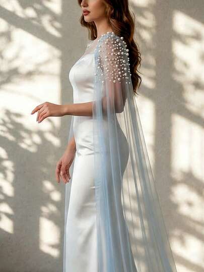 1 bộ khăn choàng ngọc trai bằng vải chiffon màu xanh dương tươi mát, ghim cài dài có thể tháo rời, khăn che vai cho váy dạ hội, váy dự tiệc cưới, giúp thon gọn cánh tay.