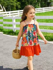 Girls' Bohemian Hawaiian Print Sleeveless Layered Beach Vacation Dress - Burnt Orange - View 9
