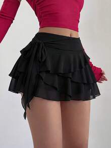 Sexy Fashion Versatile Multi-Layer Ruffle Asymmetric Hem Tie-Up Women Mini Skirt Shorts, Spring/Summer New Arrival Vacation Black - Black - View 4
