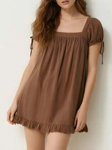 Women Y2k Babydoll Summer Tops Short Sleeve Square Neck Solid Color Puffed Blouse Fairy Grunge Loose Fit Shirts Casual Comfy Going Out Tops Vintage A-Line Mini Ruffled Dresses For Daily Shopping Office Travel Babydoll Dress Beach Vacation Sundress Flowy Swing A Line Dress Going Out Dresses - Màu nâu - Xem 3