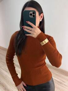 Women's Ribbed Knit Blouse Turtleneck Long Sleeve Elegant Simple Polyester Knitted Home Beach Daily - 棕色 - 查看 3