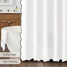 Long Scalloped Shower Curtain Linen Textured With 12 Metal Hooks Cute Extra Long Heavy Duty Washable Waterproof Cloth Shower Curtains With Black Border For Bathroom Hotel Bathtub,White - Trắng - Xem 6