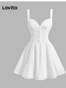 Lovito Boho Plain Dress With Embroidered Eyelets, Summer/Spring Dress For Women - 白色 - 查看 5