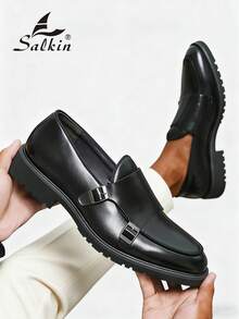 Salkin Vintage Designer Monk Strap Pointed Toe Slip-On Loafers For Men, Affordable Luxury For Modern Living, Elegant Gentleman Formal Dress Shoes Suitable For Middle-Aged, Young, Students, Office, Business, Party, Wedding, Groom, Spring/Summer/Autumn - Black - View 7