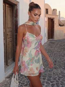 Women Mini Dress Floral Print/Solid Color Sleeveless Cami Dress Summer Backless Dress With Choker Scarf - 米色 - 查看 6