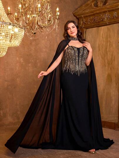  SUPGIR Plus Size Women Round Neck Flare Sleeve Sequin Embroidery Fitted Chiffon Evening Dress