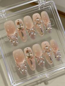 10pcs Long Teardrop Champagne Gold French Rhinestone Nail Stickers, Handmade Luxury High-End, Suitable For Parties, Pure Handmade Exquisite Luxurious Temperament High-End Flashing False Nails Wear Nails - Gold - View 9