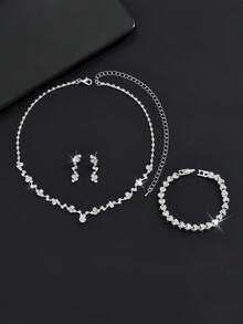 Bộ trang sức 4 món phong cách Âu Mỹ mới: Dây chuyền, bông tai, vòng tay, đính đầy đá quý và pha lê, bộ trang sức cưới. - Bạc - Xem 3