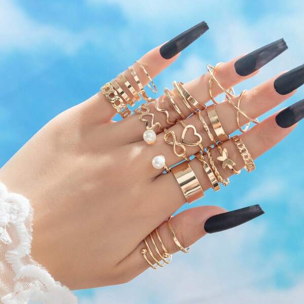 22PCS Golden Classic Vintage Fashion Geometric Elements Overlay Ring Pearl Smooth Love Infinite Fried Dough Twists Spiral Elements Match With Diversified Daily Wear Party Gift Gifts