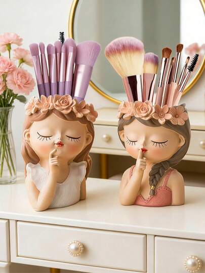 1pc Cute Nordic Style Girl Resin Cosmetic Storage Jar, High-Quality INS Style Makeup Brush Holder, Home Decor, Bedroom Vase, Holiday Gift, Birthday Gift, Party Supplies, Gift For Girlfriend