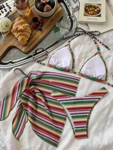 Women's Swimsuit Set, Casual Tie-Front Backless Beach Outfit, Summer - Multicolor - View 2