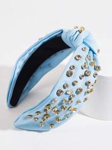 1pc Solid Color Fabric Knotted Wide Headband, Minimalist Sparkling Rhinestone Decor, Versatile Elegant Headpiece For Women Daily Outfit, Summer, Hair, Holiday - FG858 - Blue - View 3