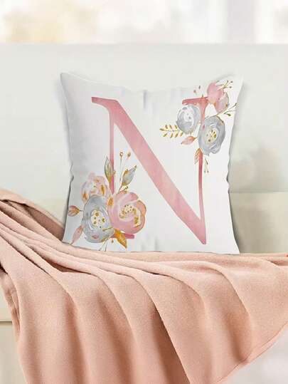 1pc ABC Letter Flower Decorative Throw Pillow Cover, Pillowcase 17.71X 17.71 Inch Decorative Home Party Supplies Farmhouse Home Decoration, Living Room Bedroom Sofa Decoration Polyester Pillowcase, Single Side Design, Without Fill