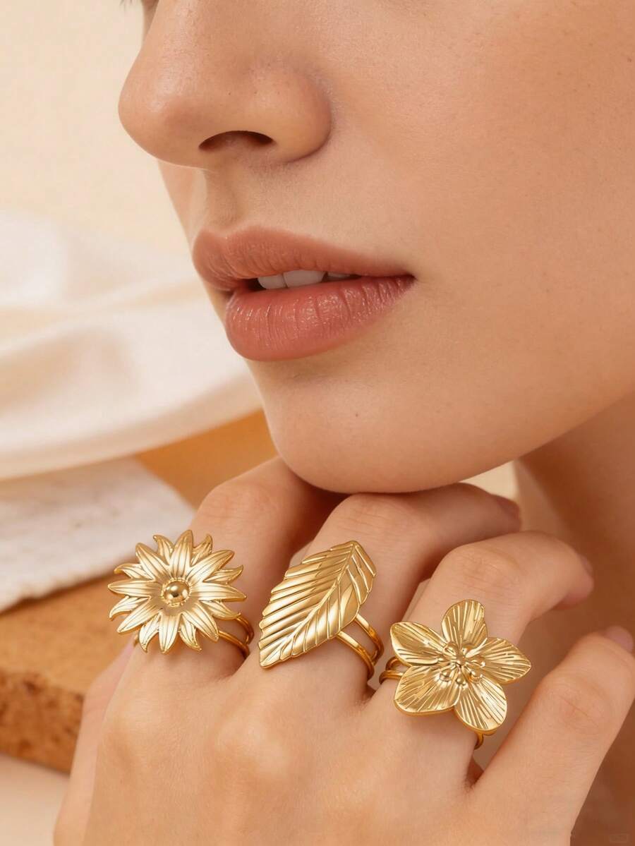 3件套复古自然波西米亚风18K镀金不锈钢戒指套装，饰有纹理叶子、花朵和向日葵图案，可调节开口戒圈，适合女性，夏季、度假、海滩穿着 - 金色 - 查看 1