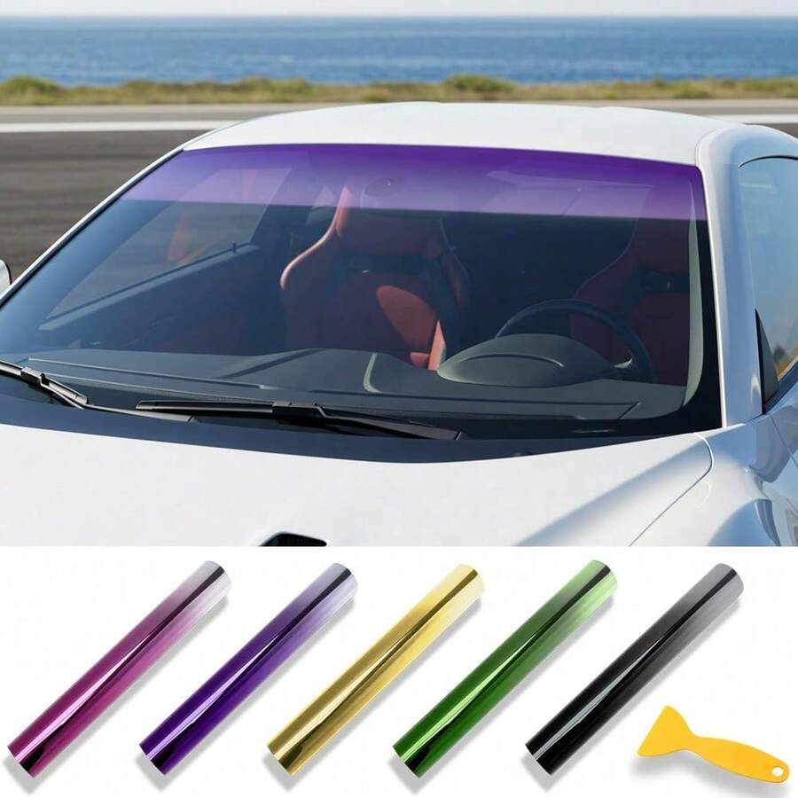 7.87 X 59.06 Inch PVC Gradient Sunshade Film, Suitable For Car Windshield, Self-Adhesive UV Protection, Anti-Glare, Shatterproof, Waterproof And Scratch-Resistant Vinyl Packaging, Universal, Breathable And Lightweight - Front Windshield Gradient Green - View 1