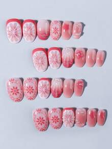24片椭圆形花朵美甲贴纸，带珍珠装饰，适用于亚克力指甲，包含1支凝胶胶水和1个指甲锉，适合女士日常、节日派对的短款法式美甲 - 彩色 - 查看 4