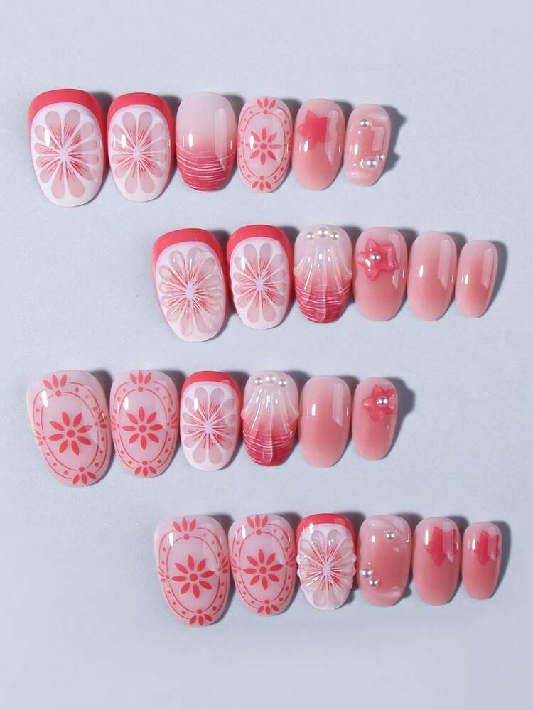 24pcs Oval Flower Nail Stickers, With Pearl Decor, Suitable For Acrylic Nails, Includes 1 Gel Polish And 1 Nail File - Multicolor - View 3