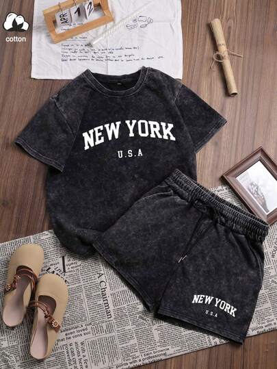 Es Trus Plus Conjunto de 2 piezas de verano para mujer: Camiseta de cuello redondo suelta de estilo retro con estampado de "letra" en estilo callejero, combinada con pantalones cortos deportivos con cordón. Suave, cómodo y con estilo Y2K, perfecto para uso casual diario y actividades al aire libre. Lavable a máquina.
