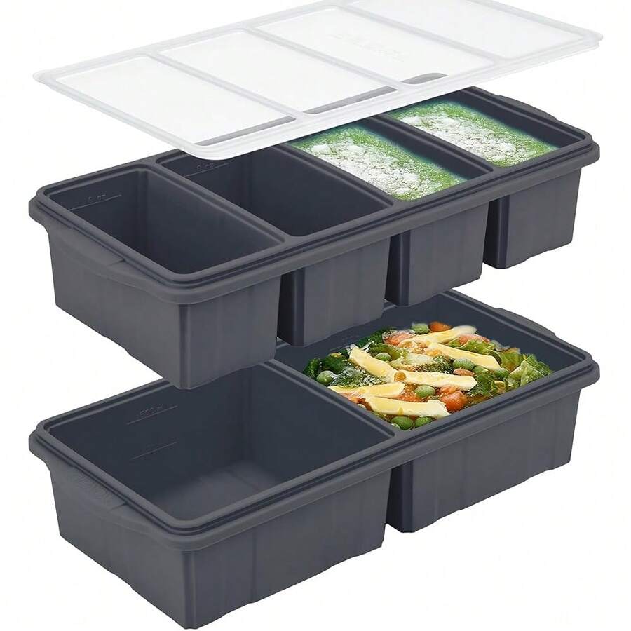 Freezer Tray With Lid-Soup Freezer Container Molds-Large Ice Cube Tray Set Makes 1-Cup & 2-Cup Portions Cubes Perfect For Preparing Meals In Different Portion Sizes Oven & Dishwasher - - Gray - 查看 1