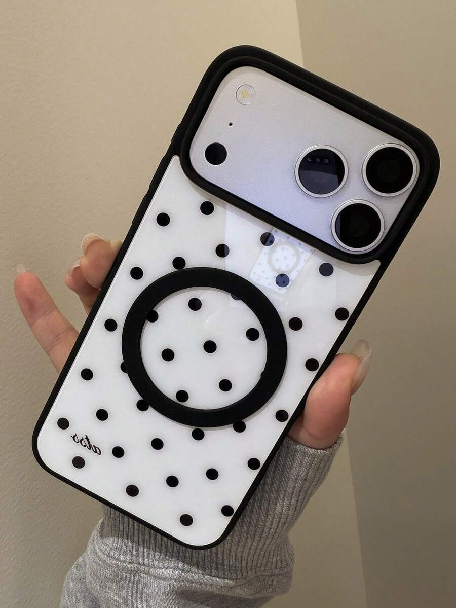 Ốp lưng điện thoại thời trang chấm bi ngôi sao, sạc không dây từ tính, tương thích với iPhone 17 Pro Max, 17 Pro 17, 16 Pro Max, 16 Pro 16, 15 Pro Max, 15 Pro Max, 15 Pro 15, 14 Pro Max, 14 Pro 14, 13. Ốp lưng chống sốc. - Nền trắng với các chấm và chữ màu đen. - Xem 1