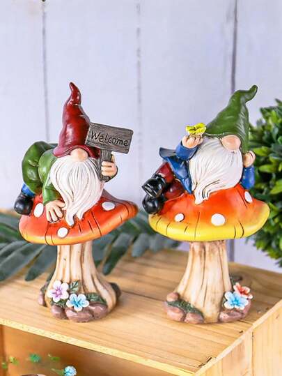 Tượng người lùn trang trí sân vườn ngoài trời - Trang trí sân hiên, những chú người lùn dễ thương nằm trên nấm, biển chào mừng, thích hợp để trang trí sân vườn, bãi cỏ, hiên nhà, v.v., đội mũ đỏ, thích hợp làm quà tặng.