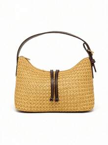 1pc New Solid Color Handbag For Women, Casual Beach Resort Woven Straw Bag, Suitable For Beach Vacation And Travel - Beige - View 9