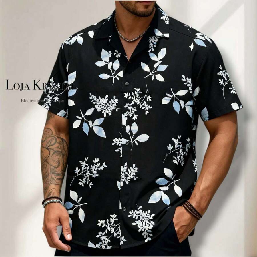 JL Men's Hawaiian Floral Beach Shirt, Short Sleeve, Button-Down, Spring And Summer - Floral 34-Preto - 查看 1