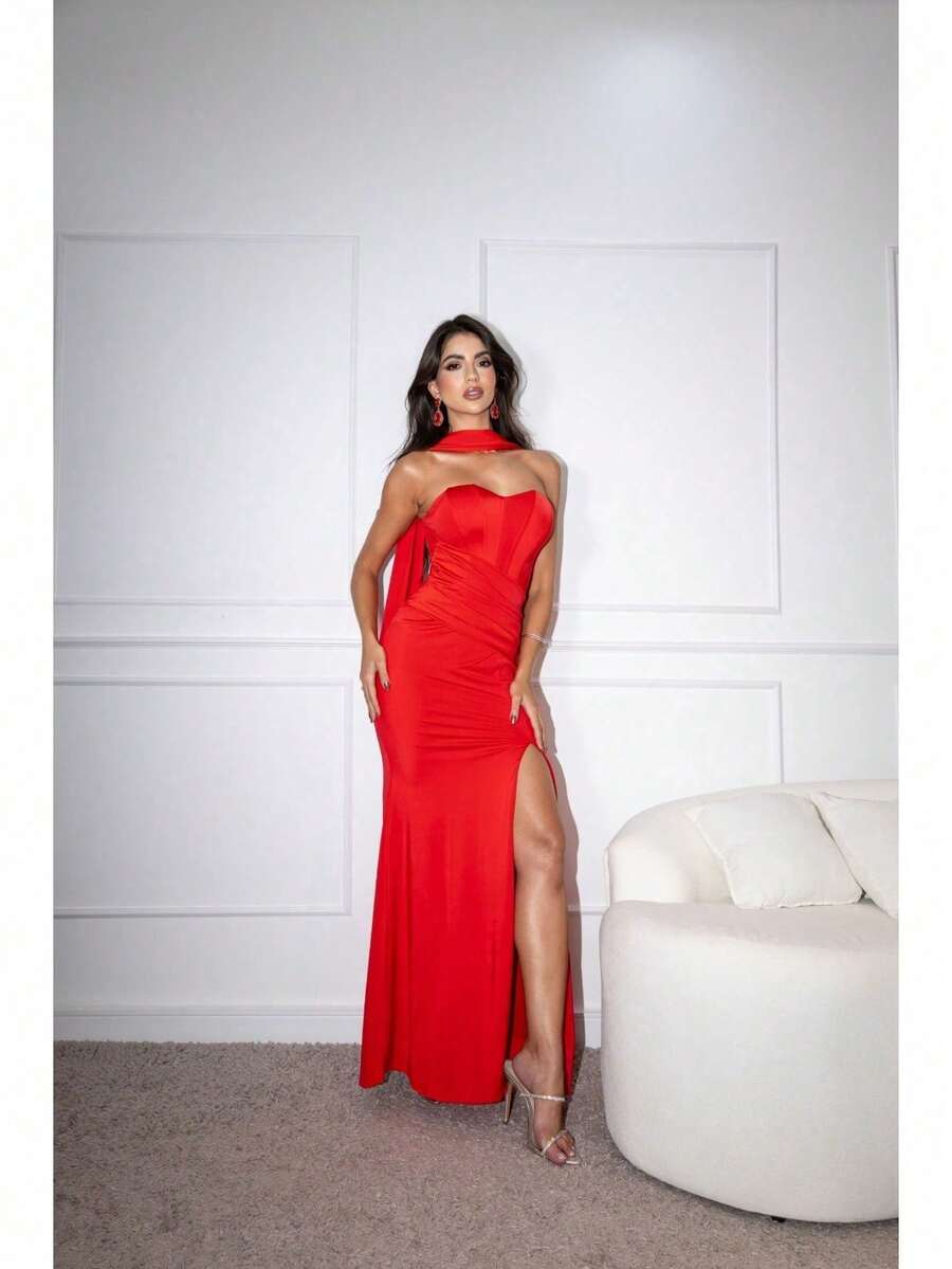 Glamorous Long Party Dress For Bridesmaids, Weddings, And Graduations. - Rojo - Ver 1