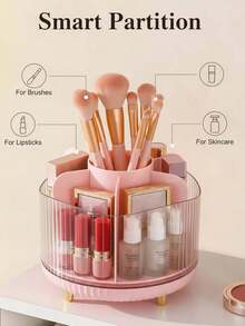 1 pieza Soporte giratorio dividido para brochas de maquillaje color rosa, estilo moderno Ins, transparente y visible, dividido, multifuncional, con base gruesa, suave, antideslizante y estable, redondo y lindo, organizador de escritorio centrado minimalista, plegable y de uso diario - Multicolor - Ver 5