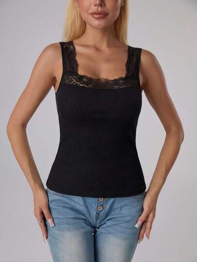 1pc Women Black Solid Color Lace Trim Decor Square Neck Sleeveless Camisole Tank Top