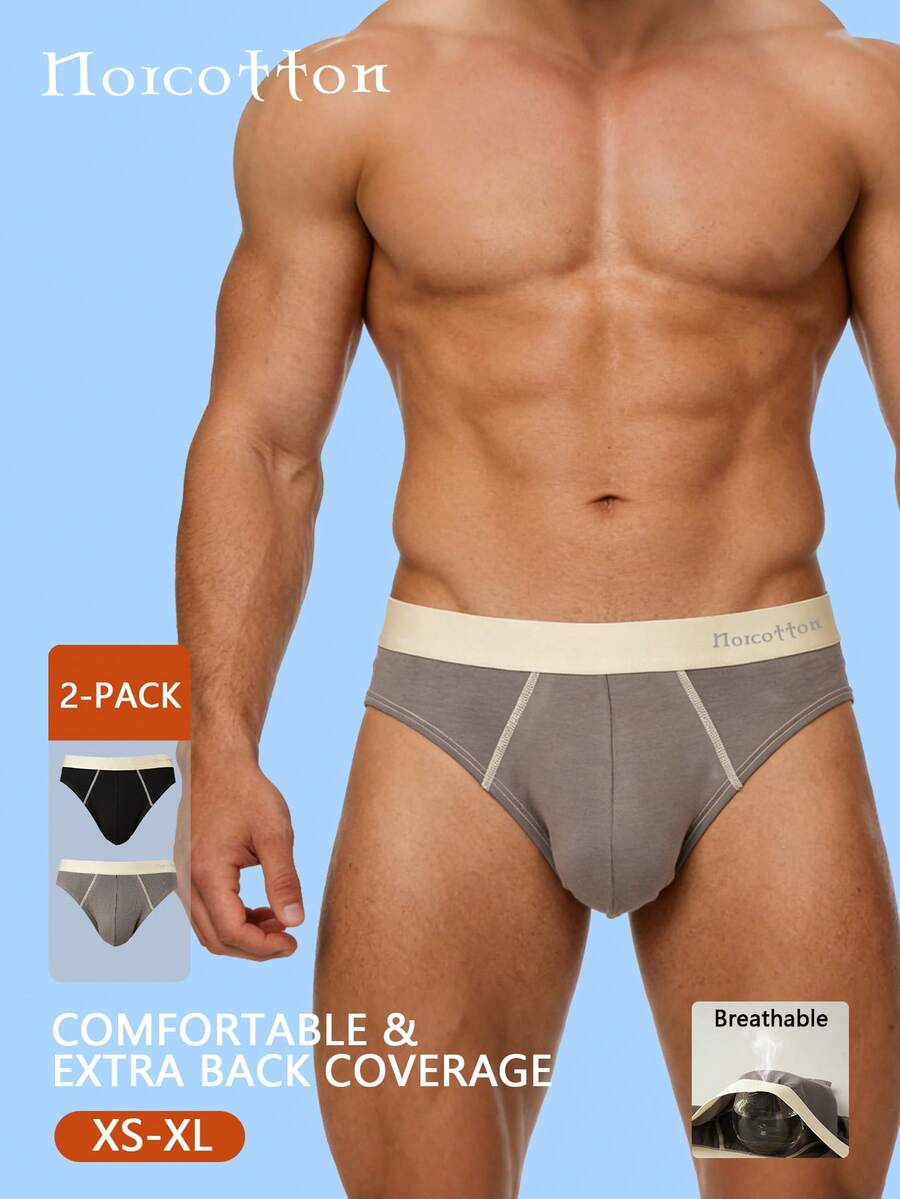 Norcotton 2pcs Men's Solid Color Basic Cotton Knit Briefs With Contrast Waistband - Multicolor - View 1