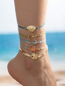 1pc Summer Ocean Beach Anklet For Women - Starfish, Sand Dollar, Sea Turtle Pendant Anklet Set - Beach Vacation Style Jewelry - Multicolor - View 8