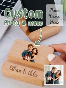 Cute Minimalist Basic Wooden Customized Phone Stand Custom Photo & Name Phone Stand, Personalized Couple Image Phone Holder For Desk Office Video Watching Daily Use, Cute Cartoon Photos, Minimalist Aesthetic Mobile Stand Gift For Mother'S Day Birthday, Customized Picture Dock For Friends Family Couple, Customizable Name Unique Keepsake Present Mother'S Day Mom Anniversary Gift - Multicolor - View 2