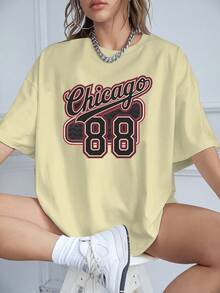 Nueva camiseta de moda para primavera y verano para chicas en talla grande - CHICAGO 88 Camiseta estampada de talla grande para mujer, top casual de manga corta y cuello redondo, adecuada para primavera y otoño, ropa de talla grande a la moda. - azul real - Ver 13