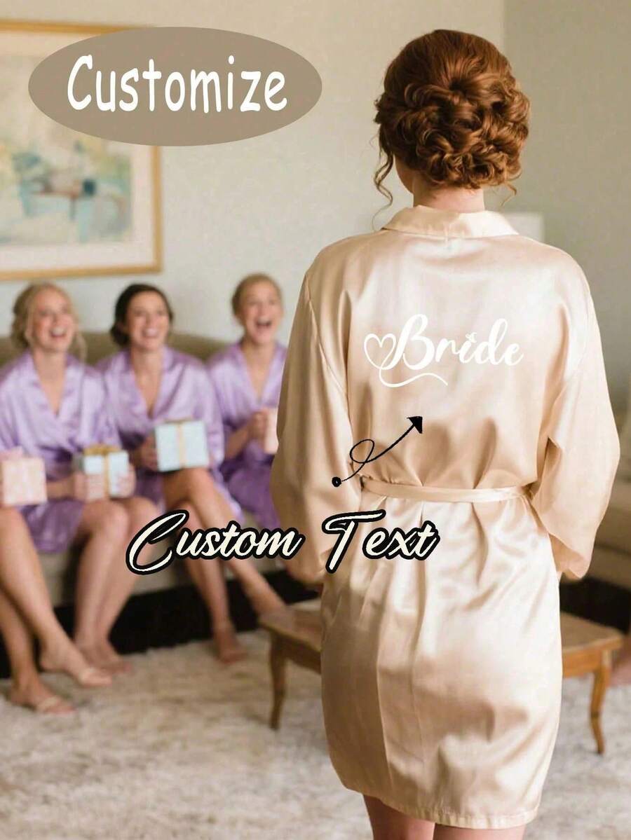 Customized Satin Bridal Robe, Half Sleeve Design, Customized Bridesmaid Bridal Robe, Personalized Satin Robe, Customized Bridal Robe, Bridesmaid Getting Ready Robe, Wedding Party Robe, Lace Trim Robe, Customized Name Robe, Bridal Robe Gift, Getting Ready Robe, Forever Love - Multicolor - View 1