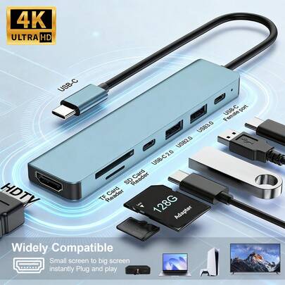 JcBlaon 7-In-1 USB-C Hub With 4K HDTV, 100W PD Charging, 5Gbps USB 3.0, SD/TF Card Reader, USB-C Port, Compatible With MacBook And Type-C Windows Laptops